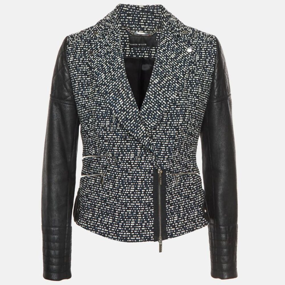 Karen Millen Black Tweed And Leather Biker Jacket M - Picture 1 of 5